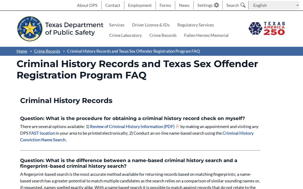Borden County sex offender registry profile guidance in the DPS FAQ