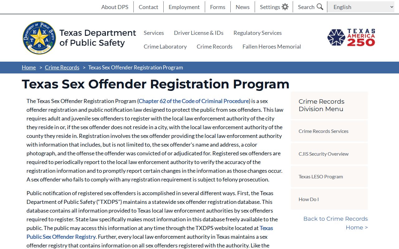 Borden County sex offender registration program information from Texas DPS